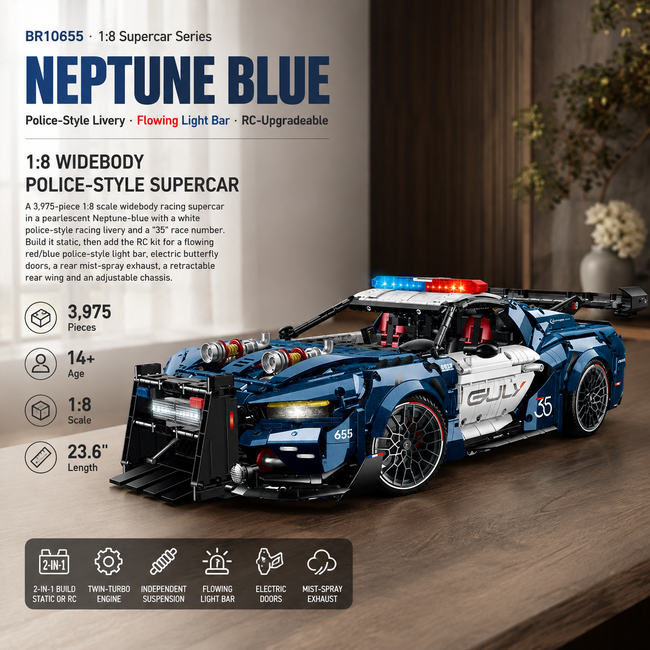 1:8 Widebody Police-Style Racing Supercar Building Set — Neptune Blue