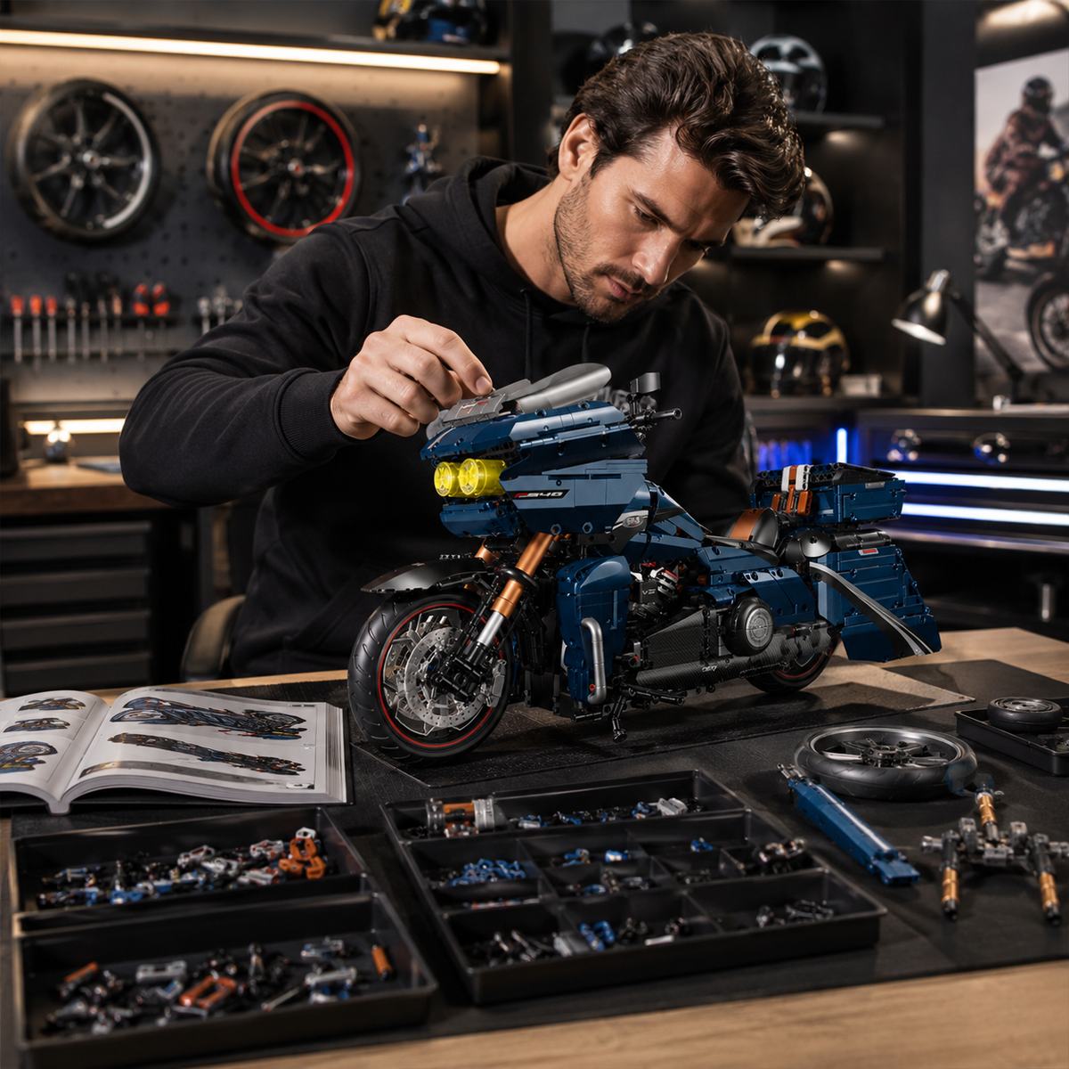 1:5 Deep-Blue Touring Cruiser Motorcycle Building Kit