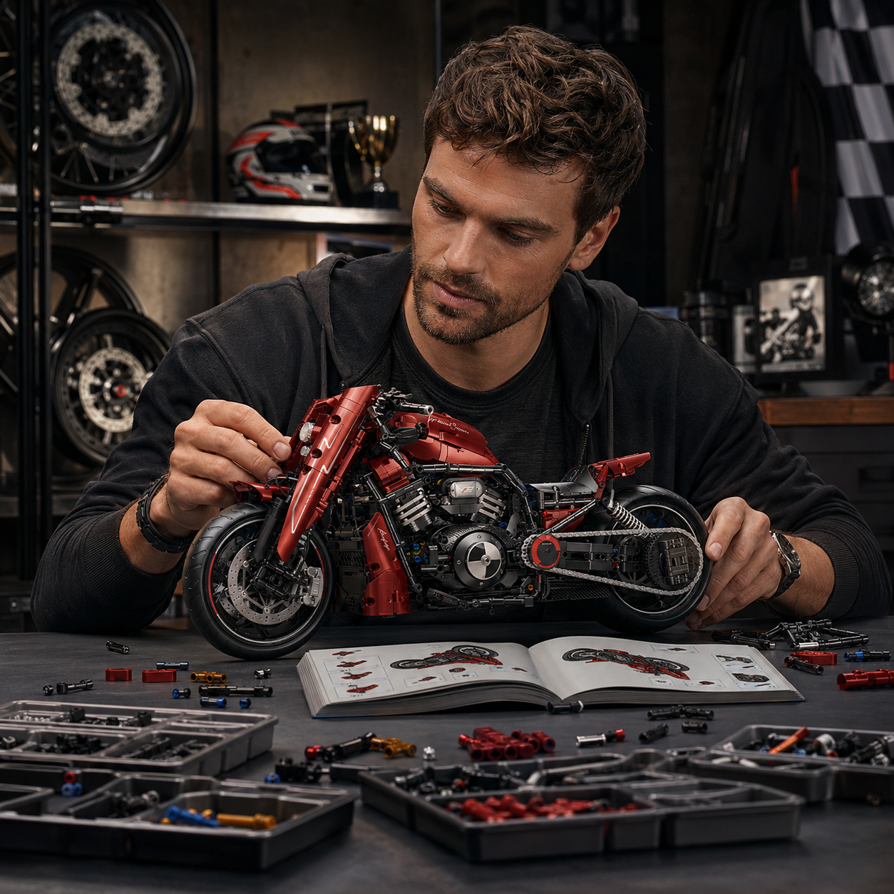 1:5 Candy-Red Modified Custom Cruiser Motorcycle Building Kit