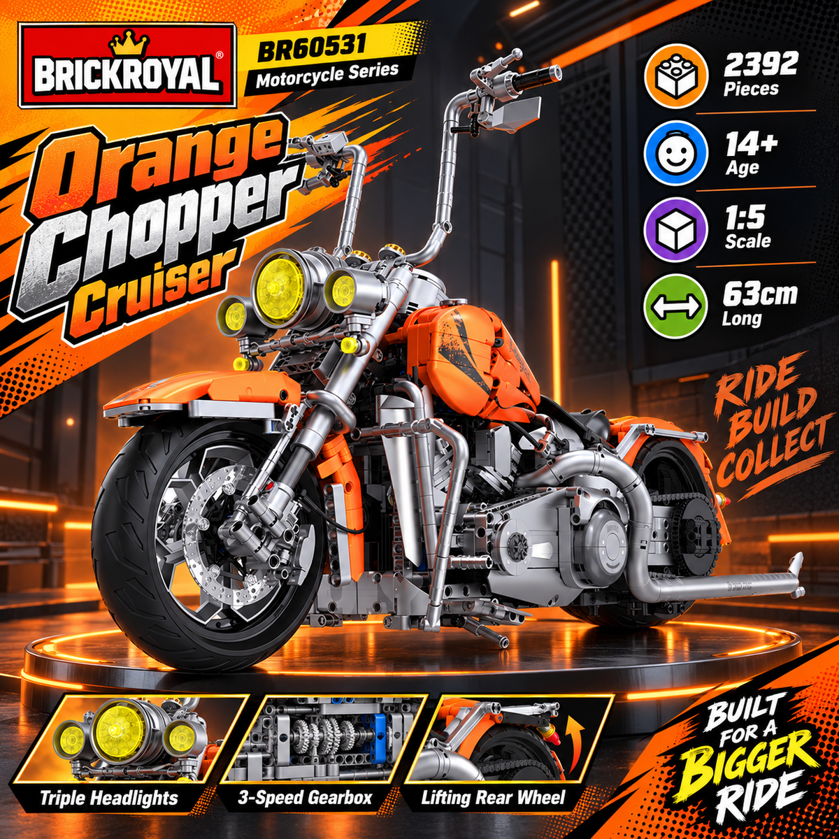 1:5 Orange Chopper Cruiser Motorcycle Building Set