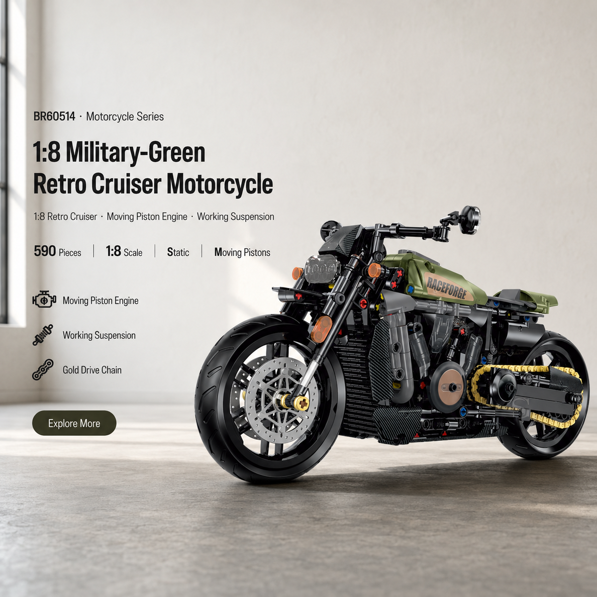 1:8 Military-Green Retro Cruiser Motorcycle Building Kit