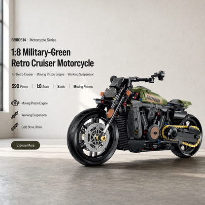 1:8 Military-Green Retro Cruiser Motorcycle Building Kit
