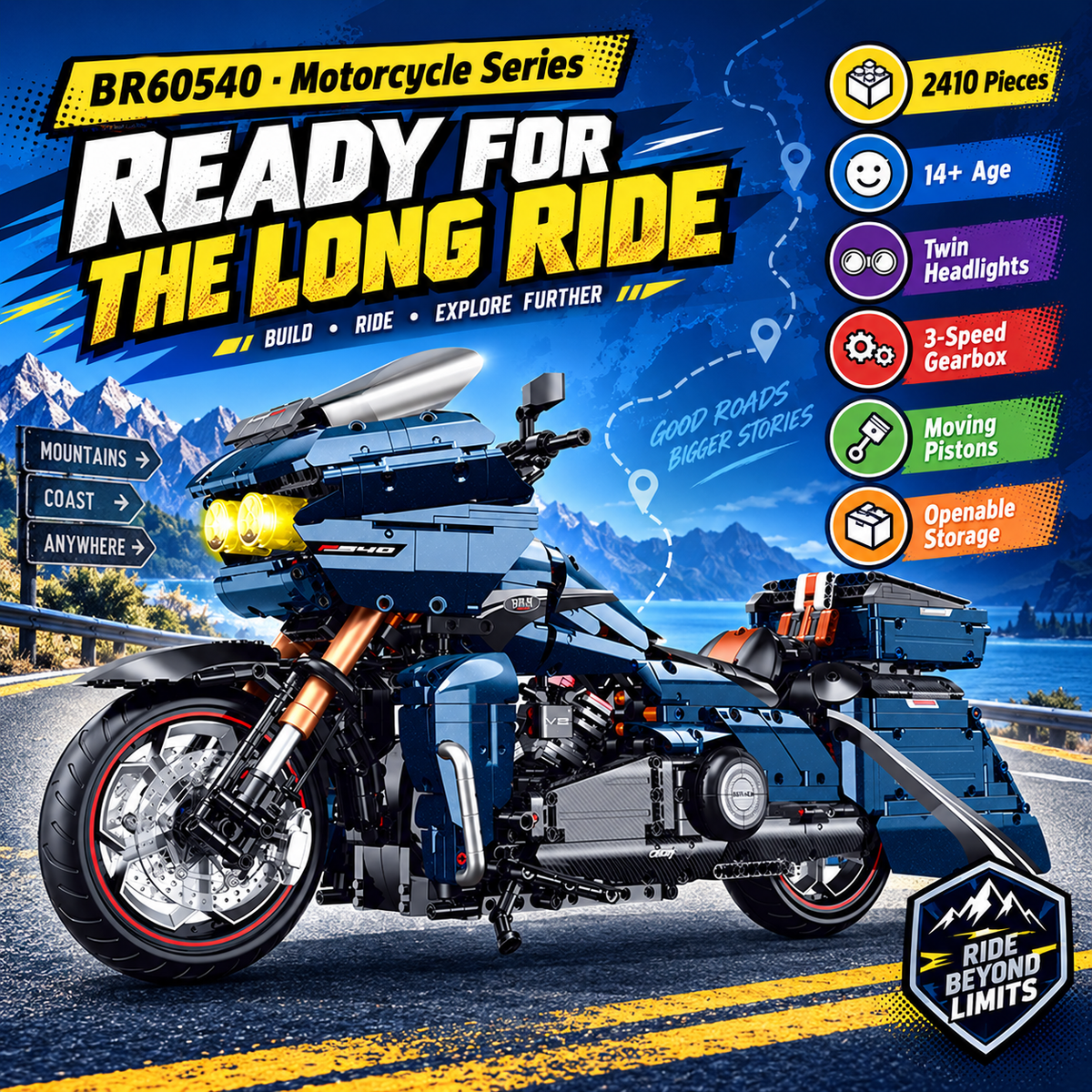 1:5 Deep-Blue Touring Cruiser Motorcycle Building Kit