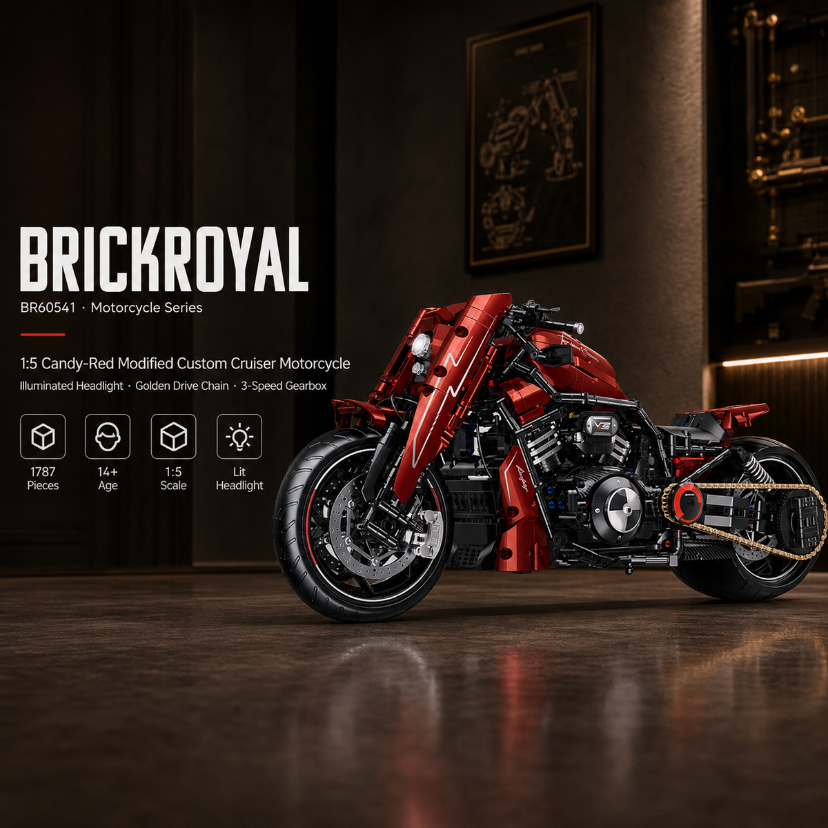 1:5 Candy-Red Modified Custom Cruiser Motorcycle Building Kit