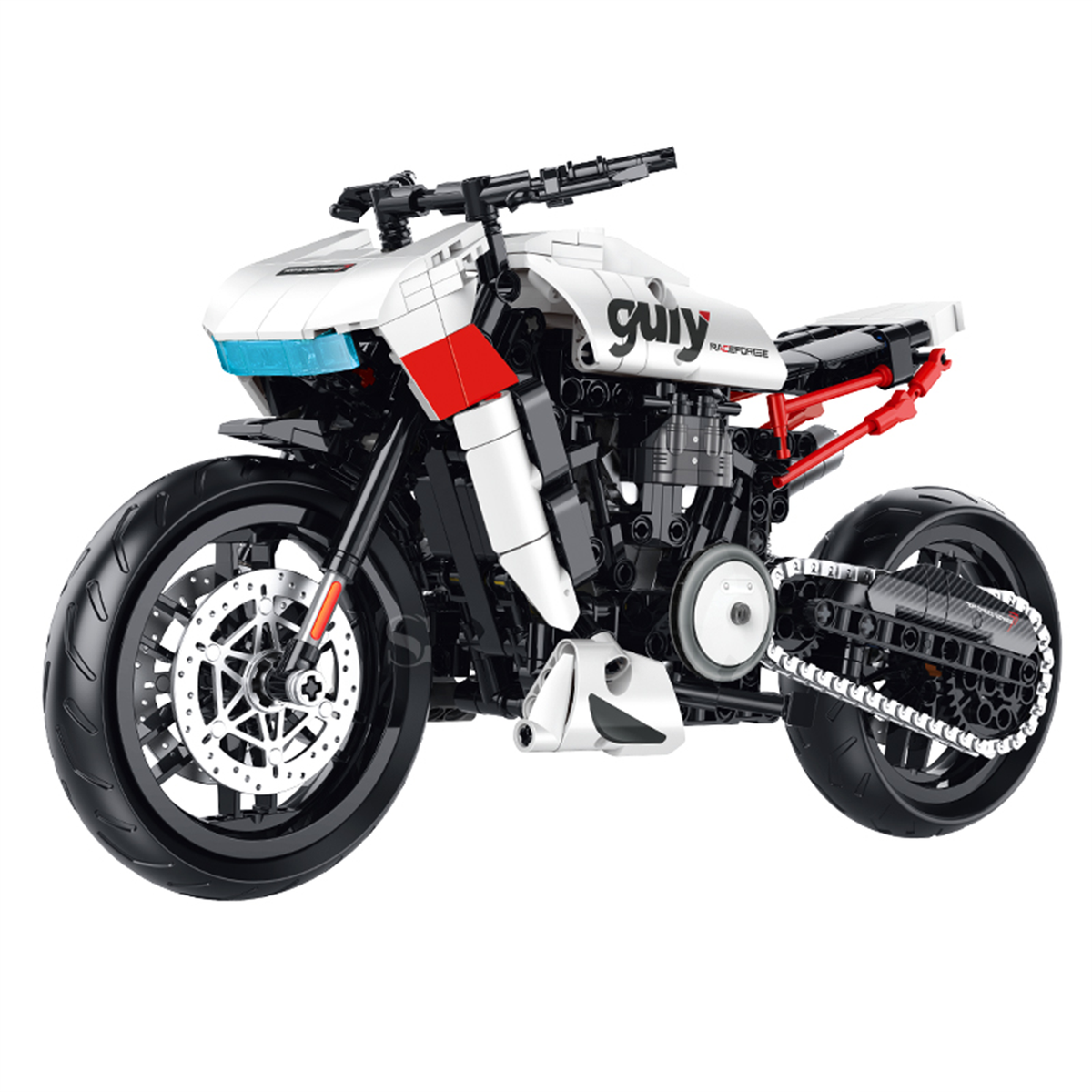 BR60537 1:8 adventure-tourer motorcycle kit, 545 pcs: steel drive chain, working suspension, disc brakes. Static adult collectible.