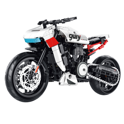 BR60537 1:8 adventure-tourer motorcycle kit, 545 pcs: steel drive chain, working suspension, disc brakes. Static adult collectible.