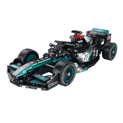 A 406-piece blaA 406-piece black-and-teal formula-style racing car that rebuilds into a studio camera. Track-style display base, engraved nameplate, collectible 4-car series. Original BrickRoyal set, ages 14+.ck-and-teal formula-style racing car that rebuilds into a studio camera. Track-style display base, engraved nameplate, collectible 4-car series. Original BrickRoyal set, ages 14+.