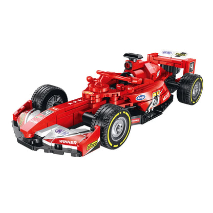 BR0004 red F1 building brick kit with 402 pieces for ages 14+. Rebuildable into race car or video camera, equipped with display base & engraved nameplate. 4-car splicing track compatible, great hobby gift & desk decor.