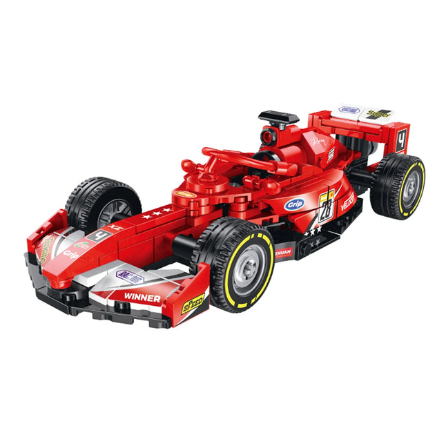 BR0004 red F1 building brick kit with 402 pieces for ages 14+. Rebuildable into race car or video camera, equipped with display base & engraved nameplate. 4-car splicing track compatible, great hobby gift & desk decor.