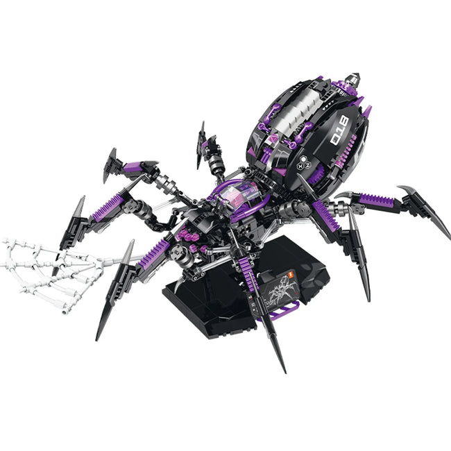 BRICKROYAL 971pcs cyberpunk mechanical spider assembly kit with LED lights, full-body gear linkage and movable eight legs. Remote motor crawling function requires extra purchase. Designed for users aged 14+, great for mechanical assembly, desk display and tech fan gifts.
