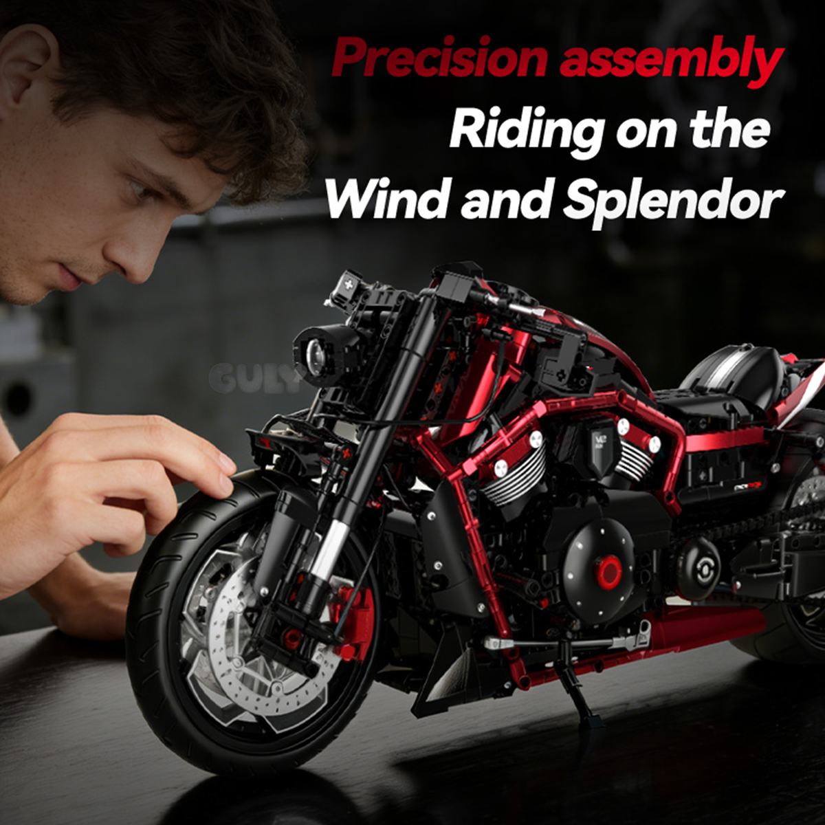 Red-Black Mechanical Brick Motorcycle Building Set