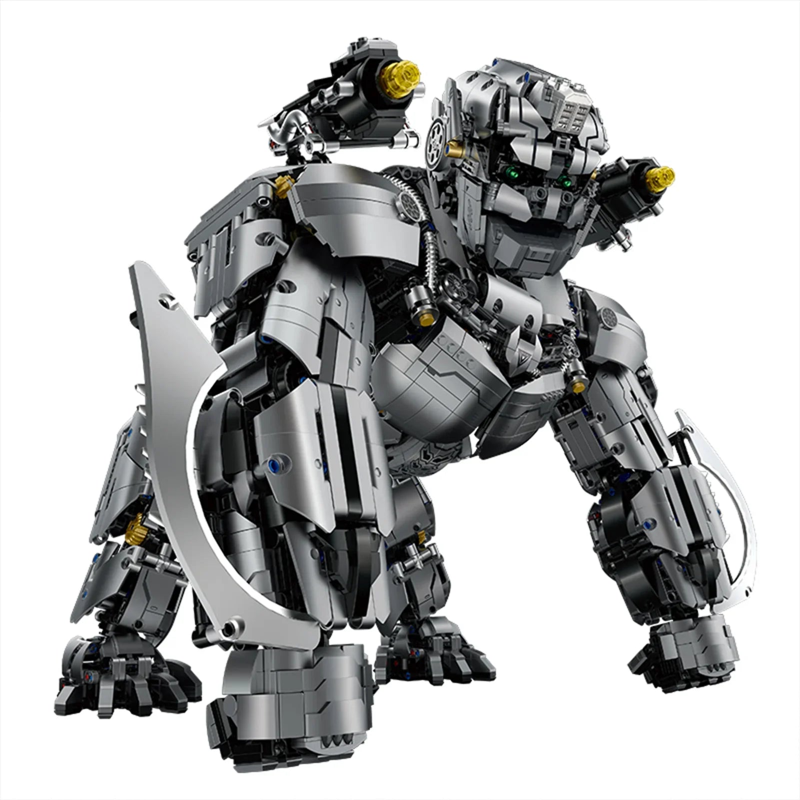 3,816-piece heavy gorilla mecha with silver electroplated bricks, glowing chest LED, rotatable shoulder cannons, detachable blades and full articulation. Collectible gift for adults 14+.