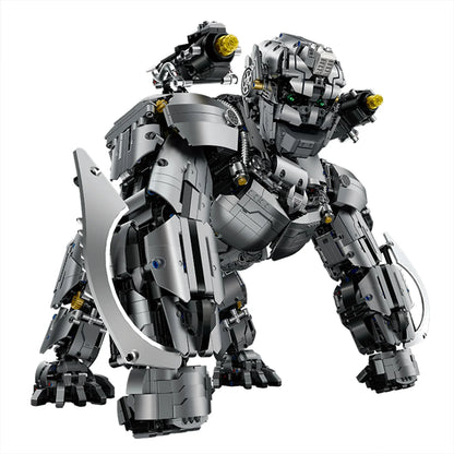 3,816-piece heavy gorilla mecha with silver electroplated bricks, glowing chest LED, rotatable shoulder cannons, detachable blades and full articulation. Collectible gift for adults 14+.
