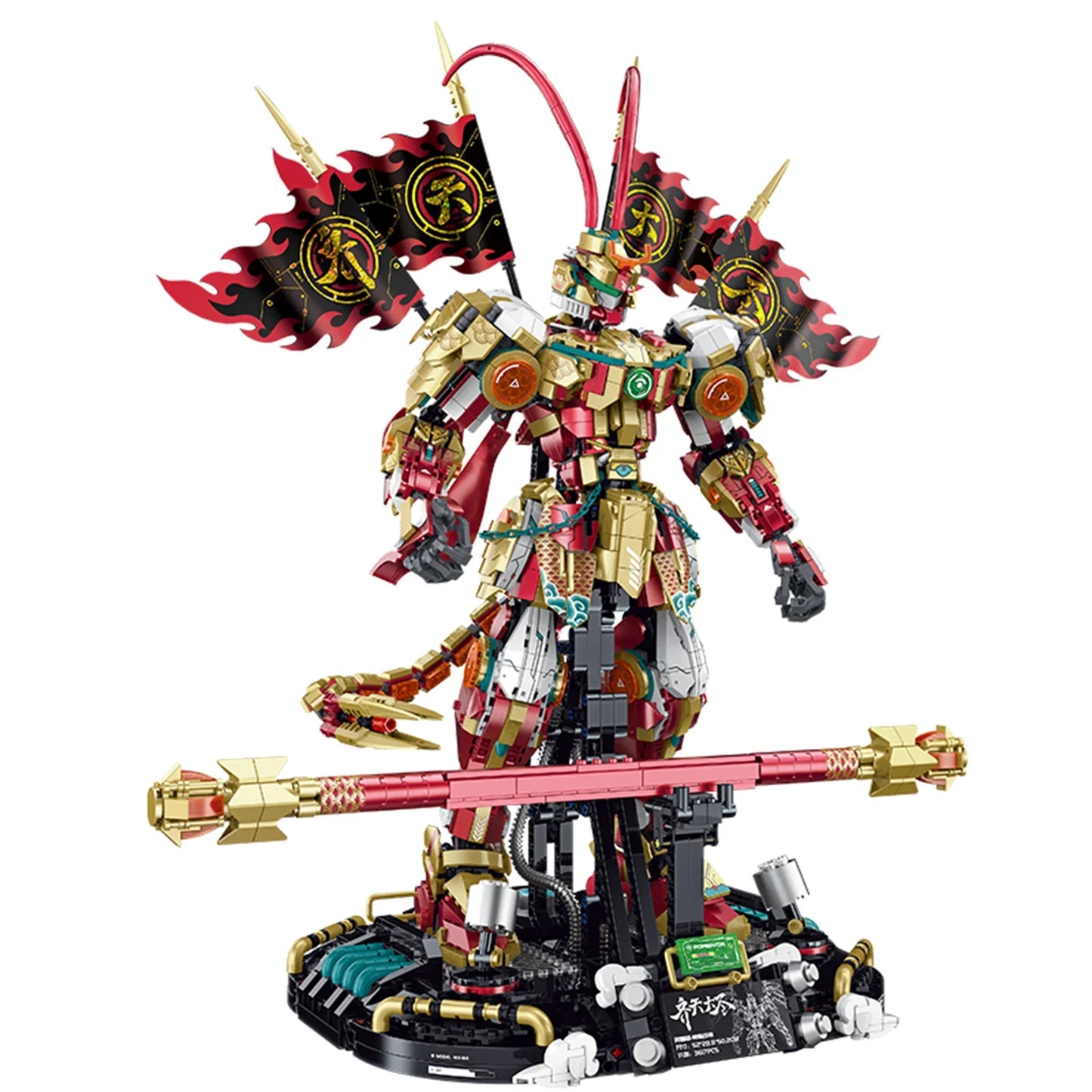 3,320-piece Monkey King cyberpunk mecha: 50% metal-paint parts, two switchable forms, chest LED, spotlighted display base. Collectible gift for adults 14+.