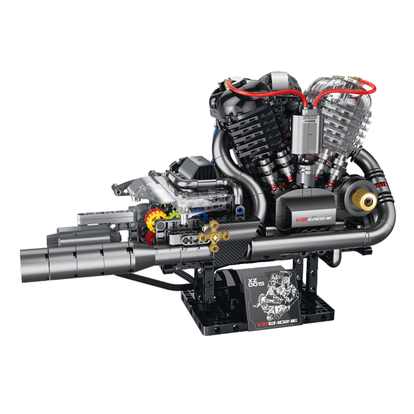 BRICKROYAL 846-piece cover-head V-twin engine building set with motorized gear chain linkage, mist spray, lights and engine audio. All internal transmission structures are visible via transparent covers. Designed for ages 14+, ideal for mechanical study, desk display and brick enthusiast gifts.
