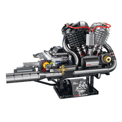 BRICKROYAL 846-piece cover-head V-twin engine building set with motorized gear chain linkage, mist spray, lights and engine audio. All internal transmission structures are visible via transparent covers. Designed for ages 14+, ideal for mechanical study, desk display and brick enthusiast gifts.
