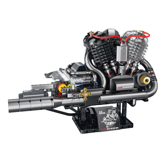 BRICKROYAL 846-piece cover-head V-twin engine building set with motorized gear chain linkage, mist spray, lights and engine audio. All internal transmission structures are visible via transparent covers. Designed for ages 14+, ideal for mechanical study, desk display and brick enthusiast gifts.