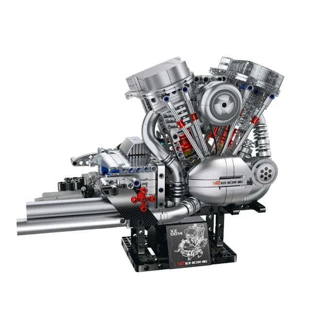 BRICKROYAL 867-piece V-twin engine building kit with motorized gear linkage, simulated spray, transparent cylinder cover, light and sound effects. Recommended for ages 14+, great for STEM education, mechanical display and assembly enthusiasts.