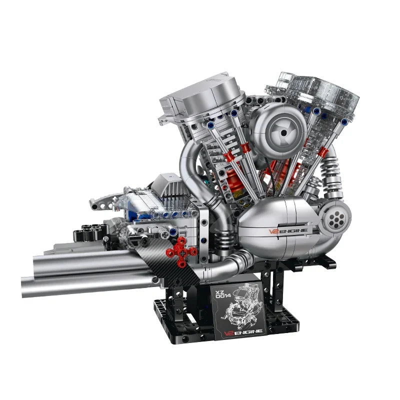 BRICKROYAL 867-piece V-twin engine building kit with motorized gear linkage, simulated spray, transparent cylinder cover, light and sound effects. Recommended for ages 14+, great for STEM education, mechanical display and assembly enthusiasts.
