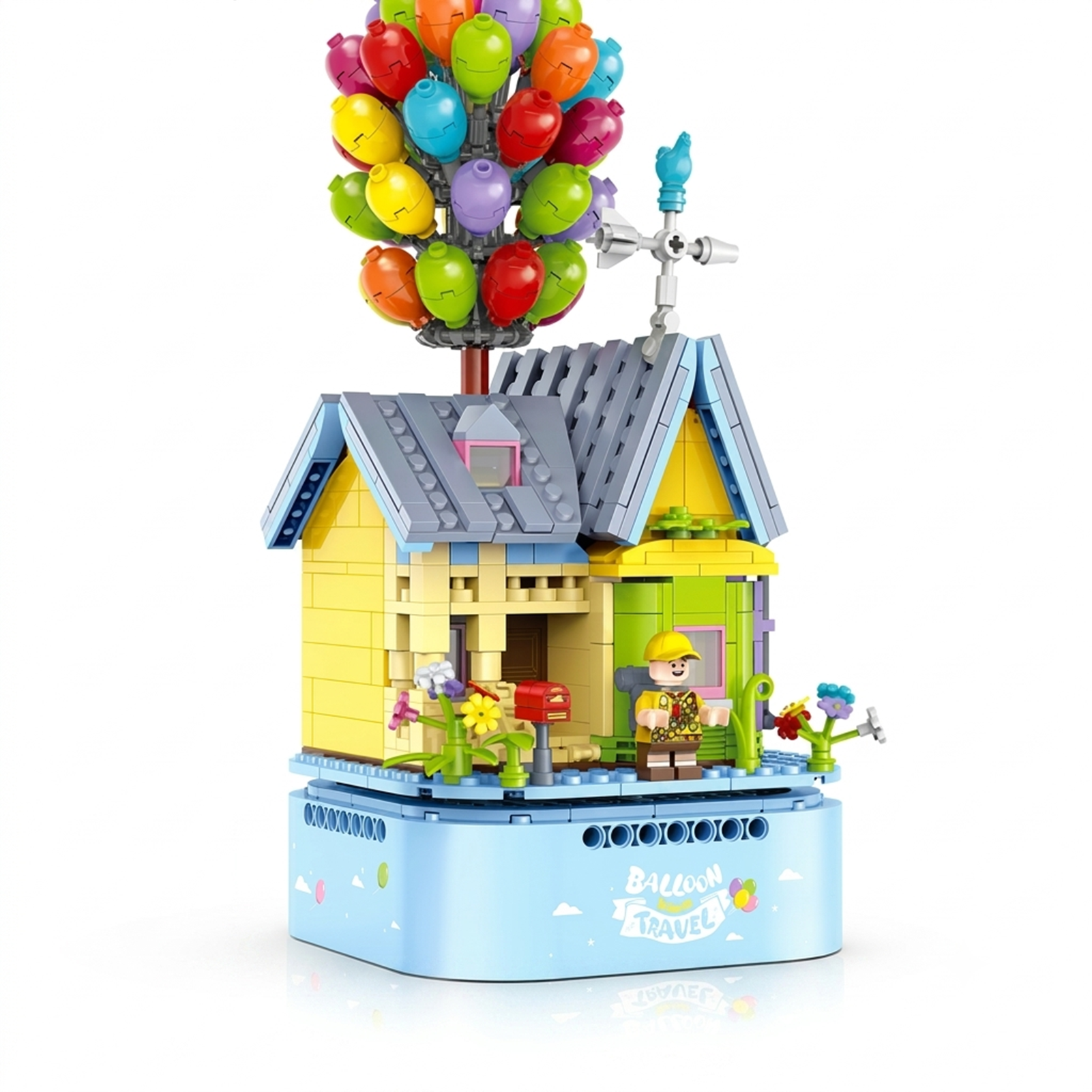A 637-piece balloon cottage music box with a 360° rotating base, a soft melody and an open-back indoor scene. USB or AAA power. Desktop decor gift, 14+.