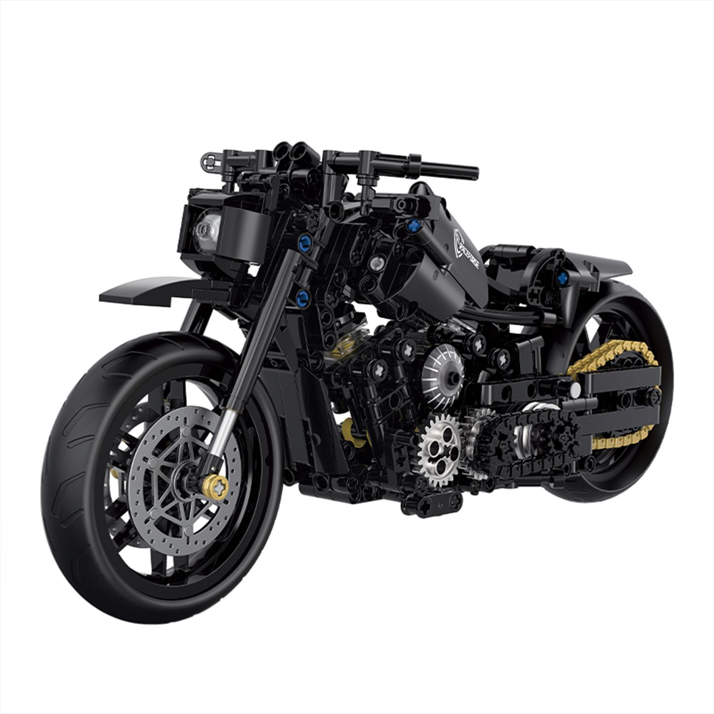 BR60502 1:8 blacked-out cruiser motorcycle kit, 538 pcs: exposed geartrain, gold drive chain & moving piston engine. Static adult collectible.