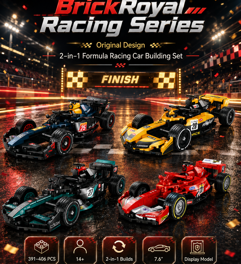 BrickRoyal Racing Series 2-in-1 Formula Racing Car Building Sets collection with four detailed brick racing models