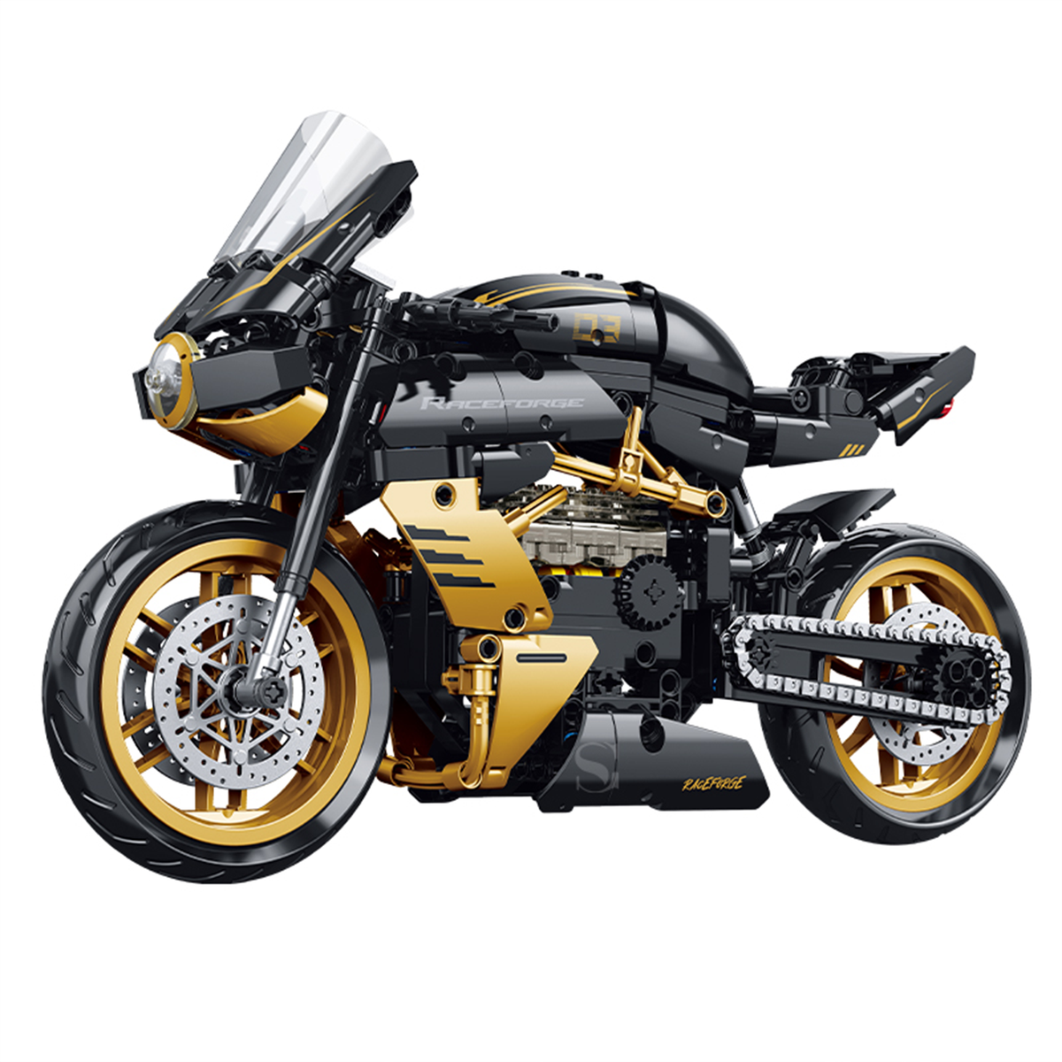 BR60538 1:8 cafe-racer motorcycle kit, 506 pcs: black & gold, drive chain, working suspension, windscreen. Static adult collectible.