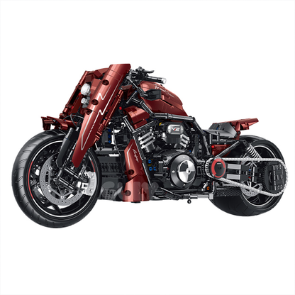 1:5 candy-red modified custom cruiser motorcycle building kit, 1787 pcs with illuminated headlight, golden drive chain & 3-speed gearbox. Age 14+.