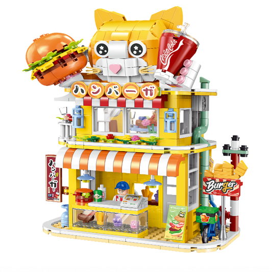 BR60523 871-pc cat burger shop street-view diorama: ginger-cat facade, front counter & back kitchen, 3 minifigures, light brick. Adult collectible display.