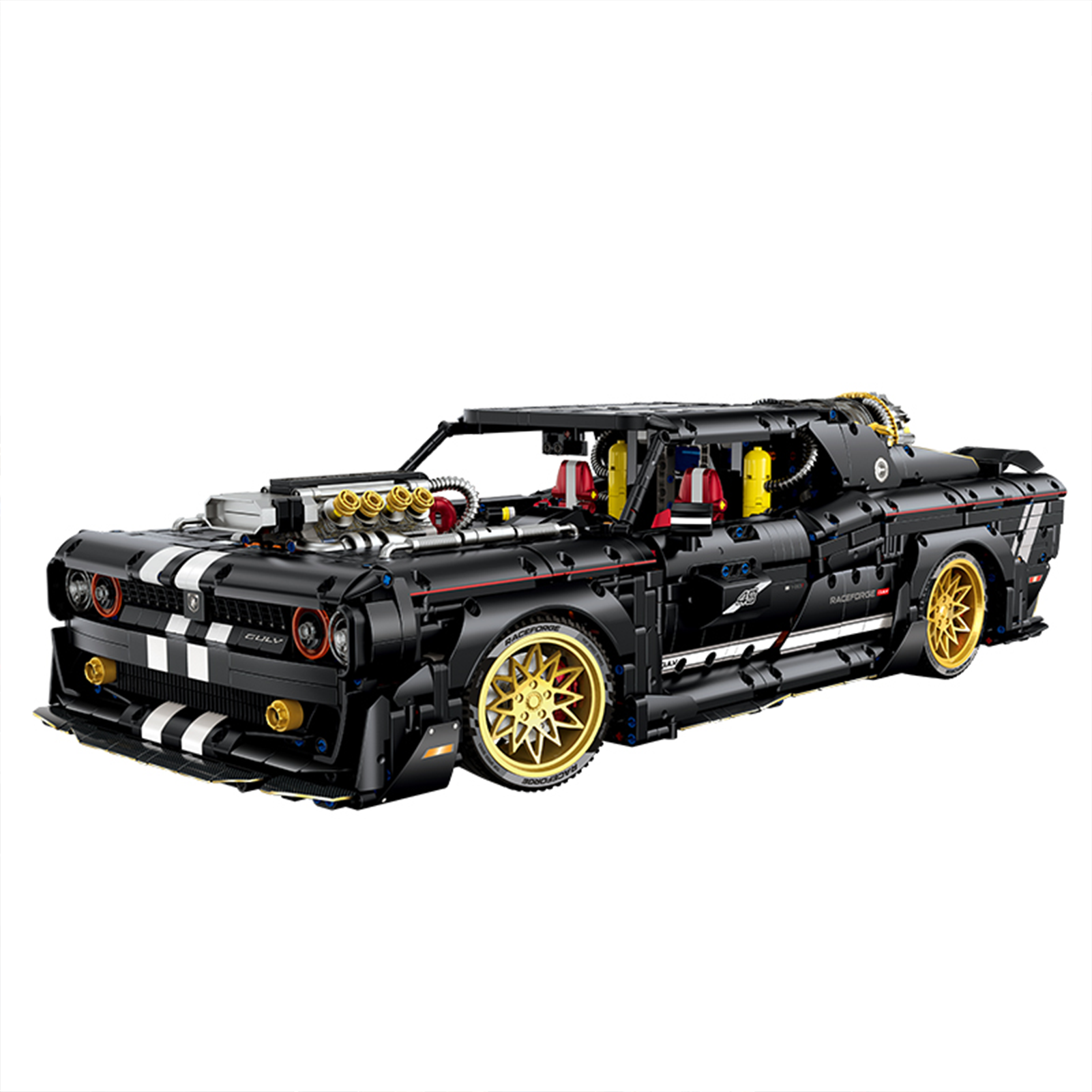 A 3,751-piece 1:8 black-and-gold classic muscle race car with twin white stripes, big rear turbo and simulated engine. Static display, RC-upgradeable. 