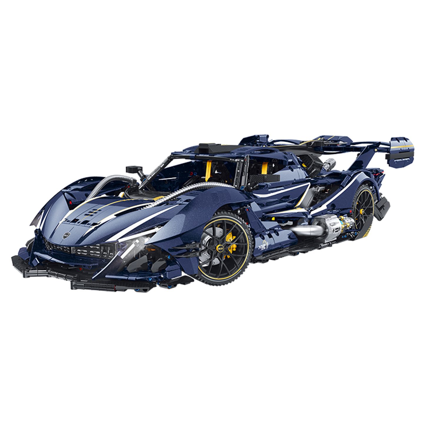 A 3,656-piece 1:8 starry-blue electroplated combat hypercar with gull-wing doors, triple exhaust and simulated engine. RC-upgradeable LED & steam mist. 14+.