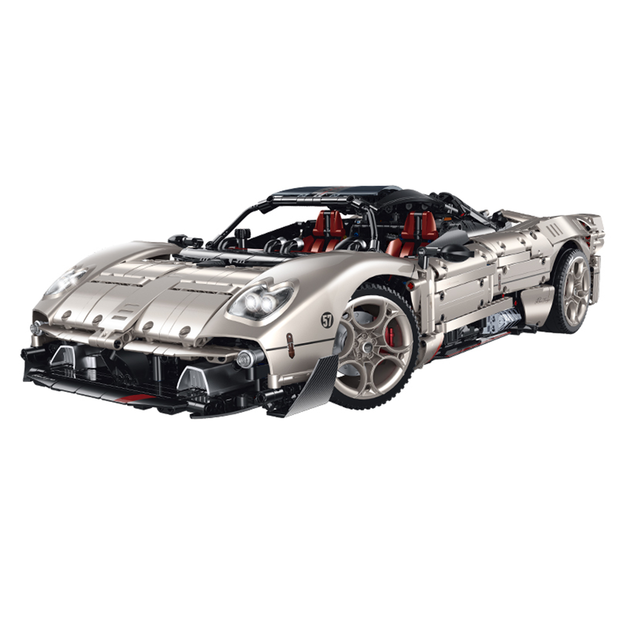 A 3,314-piece 1:8 champagne-metallic hypercar with heart-shaped lights, butterfly doors and simulated engine. Static, RC-upgradeable mist spray. 14+.