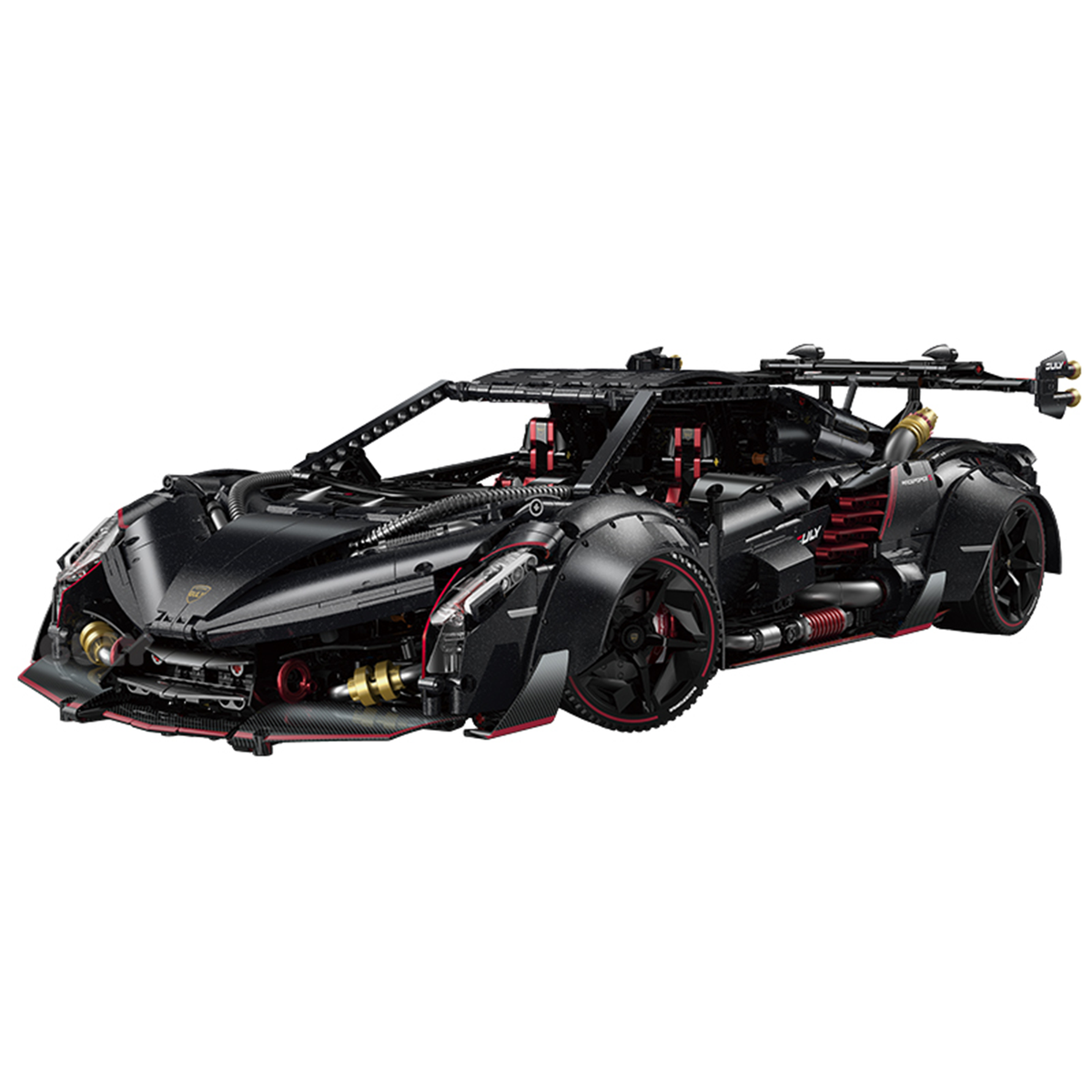 A 3,809-piece 1:8 meteorite-black concept hypercar with a convertible roadster roof, gull-wing doors and simulated engine. RC-upgradeable steam spray. 14+.