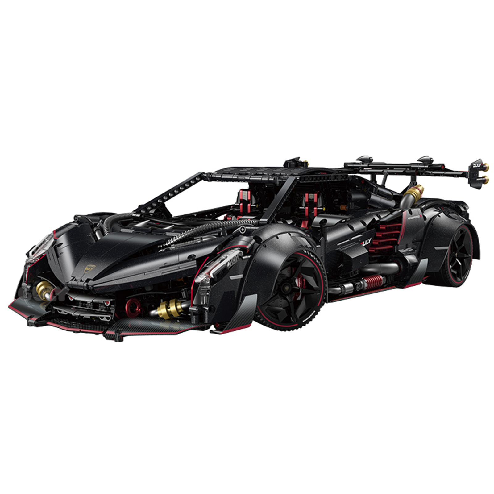 A 3,809-piece 1:8 meteorite-black concept hypercar with a convertible roadster roof, gull-wing doors and simulated engine. RC-upgradeable steam spray. 14+.