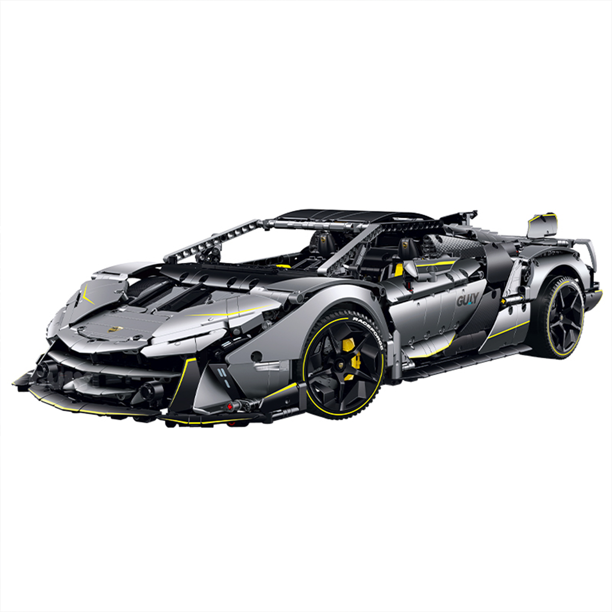 A 3,392-piece 1:8 electroplated-silver concept supercar with yellow accents, scissor doors and a simulated engine. RC-upgradeable with steam spray. 14+.