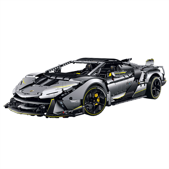 A 3,392-piece 1:8 electroplated-silver concept supercar with yellow accents, scissor doors and a simulated engine. RC-upgradeable with steam spray. 14+.