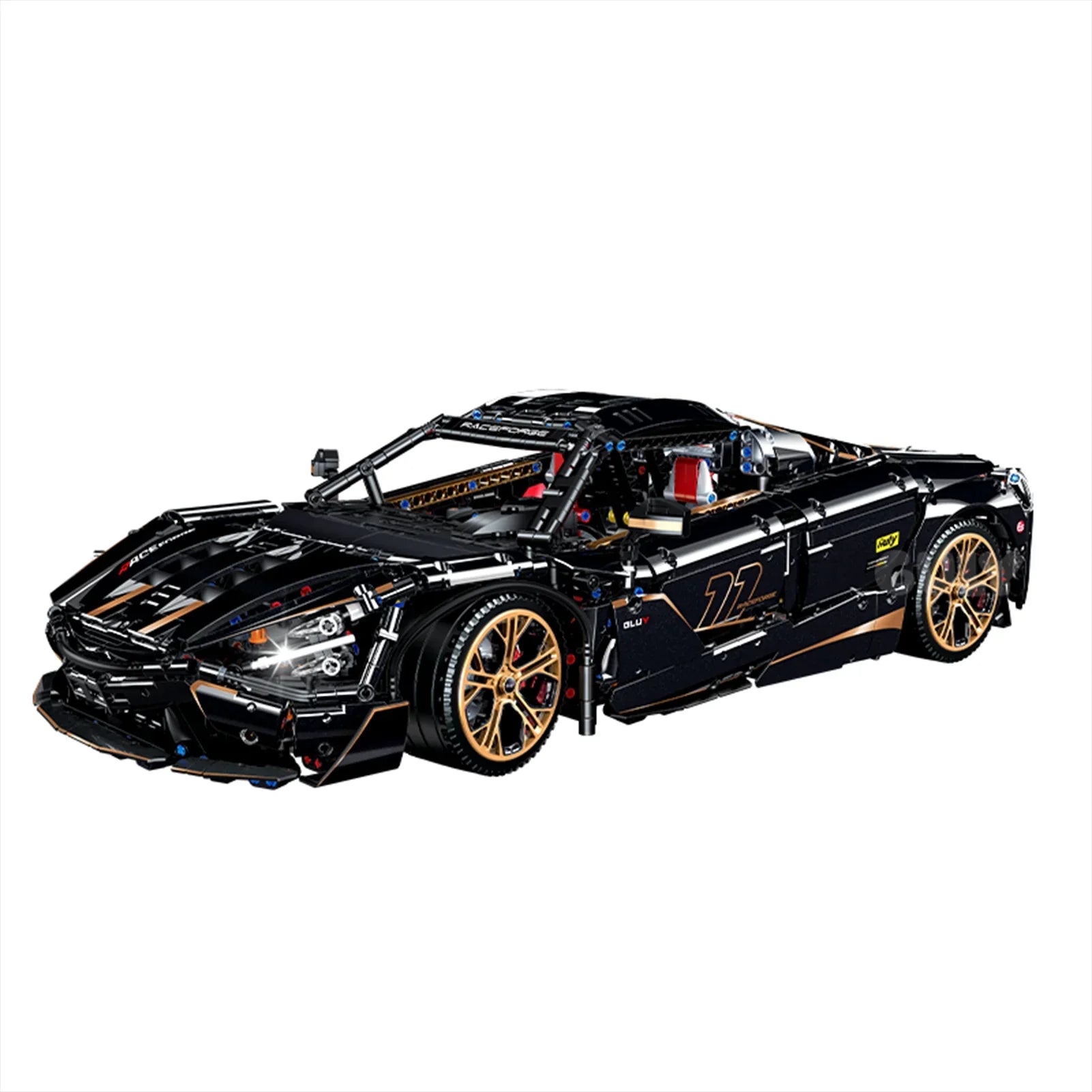 A 3,284-piece 1:8 electroplated gloss-black concept supercar with gold accents, simulated engine and open-armour display mode. Static display, RC-upgradeable. 