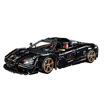 A 3,284-piece 1:8 electroplated gloss-black concept supercar with gold accents, simulated engine and open-armour display mode. Static display, RC-upgradeable. 