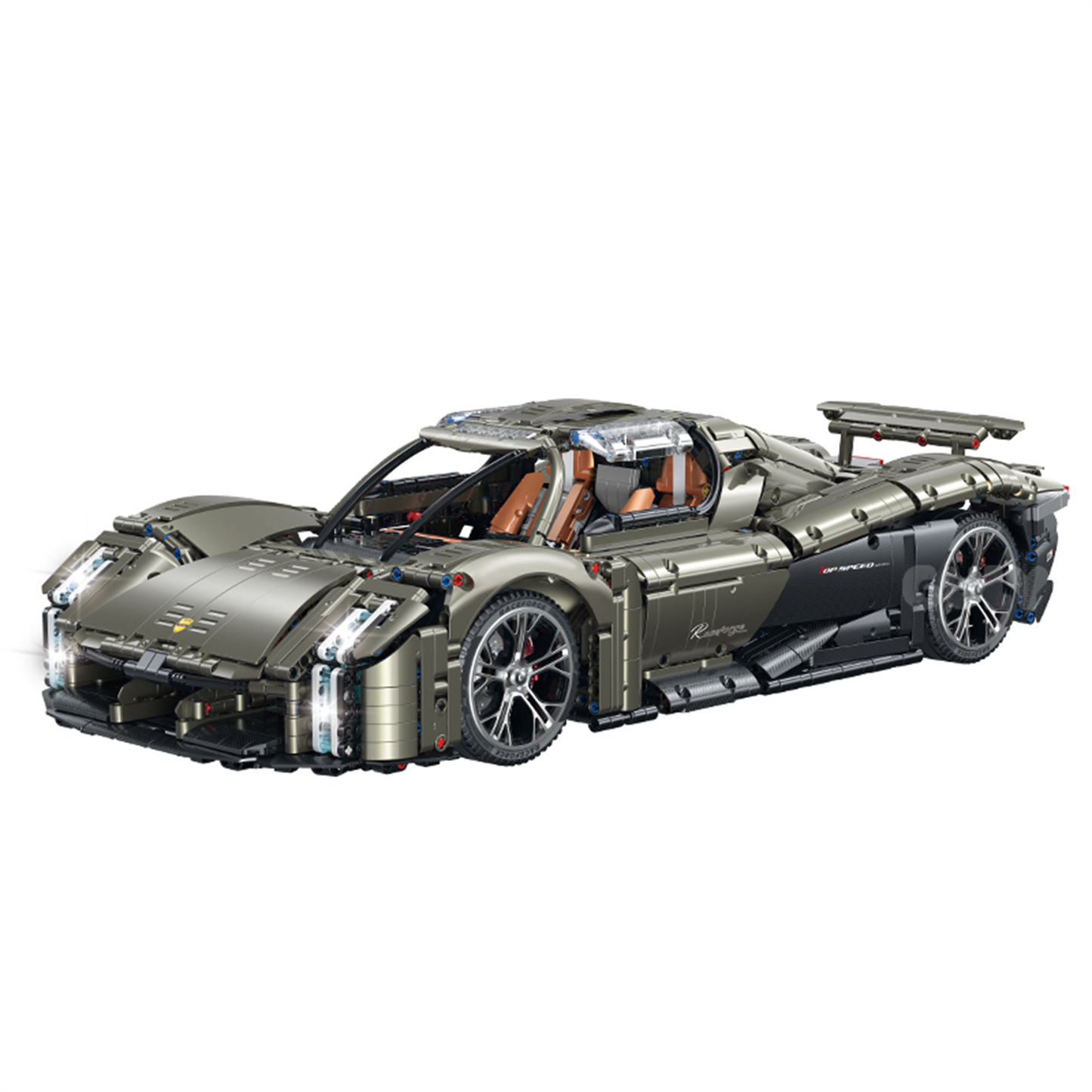 A 3,728-piece 1:8 electroplated gunmetal-grey concept supercar with an open-top body and open-armour display mode. RC-upgradeable. Collectible model, 14+.