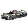 A 3,728-piece 1:8 electroplated gunmetal-grey concept supercar with an open-top body and open-armour display mode. RC-upgradeable. Collectible model, 14+.
