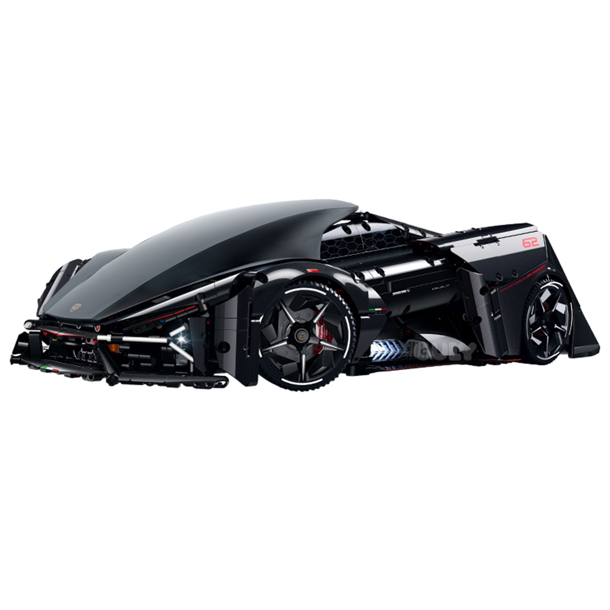 A 2,884-piece 1:8 samurai-black concept supercar with a lifting canopy, exposed engine and simulated powertrain.RC-upgradeable with LED stream lights. 14+.