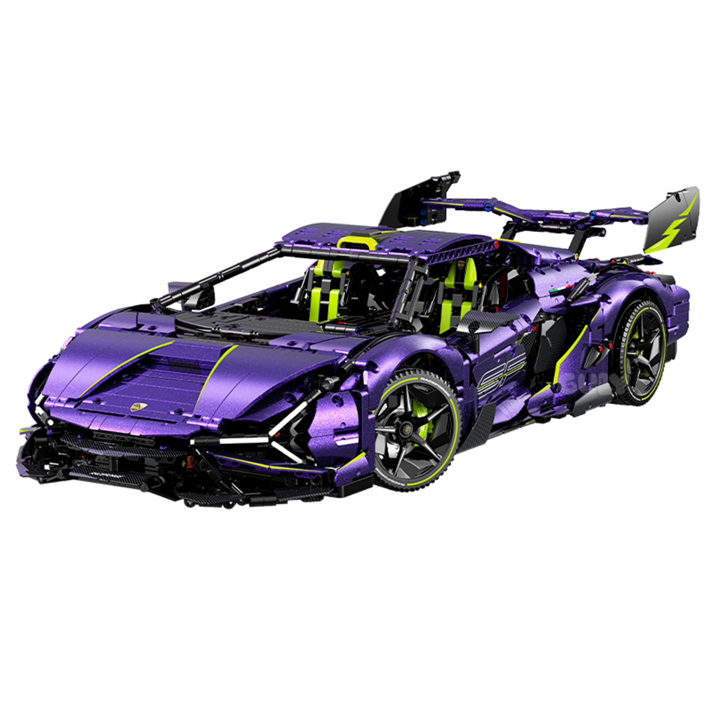 A 3,654-piece 1:8 comet-purple convertible supercar with a hardtop/roadster body, simulated engine and 3-speed linkage. Static display, RC-upgradeable. 
