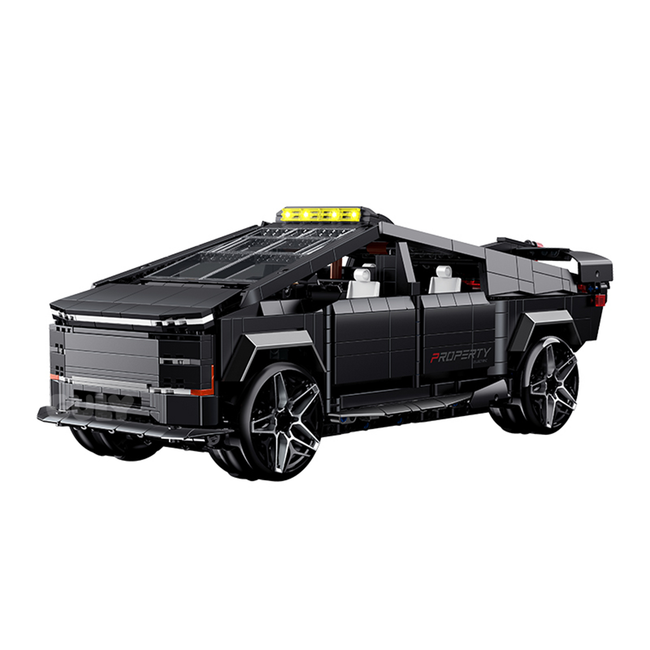 A 1,572-piece 1:14 futuristic cyber pickup in matte black. Fully motorized RC set with 360° drift, steam smoke and adjustable chassis, all included. 