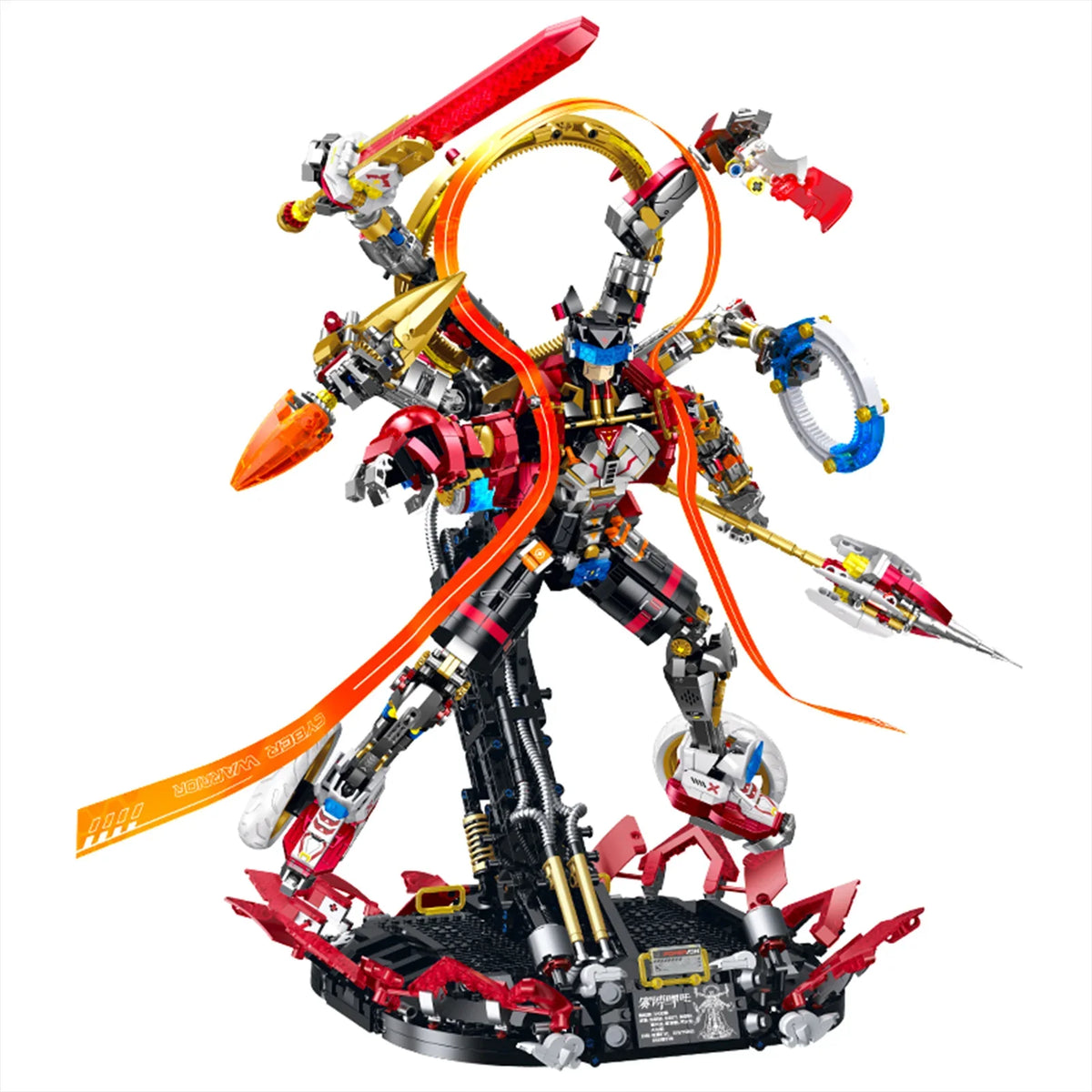 A 2,938-piece cyberpunk Nezha six-arm mecha with electroplated armour, 5 interchangeable weapons, multi-zone LED and a lotus base.