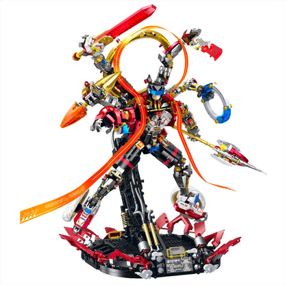 A 2,938-piece cyberpunk Nezha six-arm mecha with electroplated armour, 5 interchangeable weapons, multi-zone LED and a lotus base.
