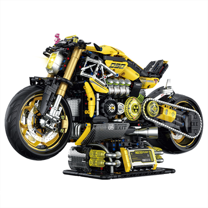 1:5 cyberpunk streetfighter motorcycle building kit, 2500 pcs, motorized with 2.4G remote, LED lights, mist effect & display stand. Age 14+.