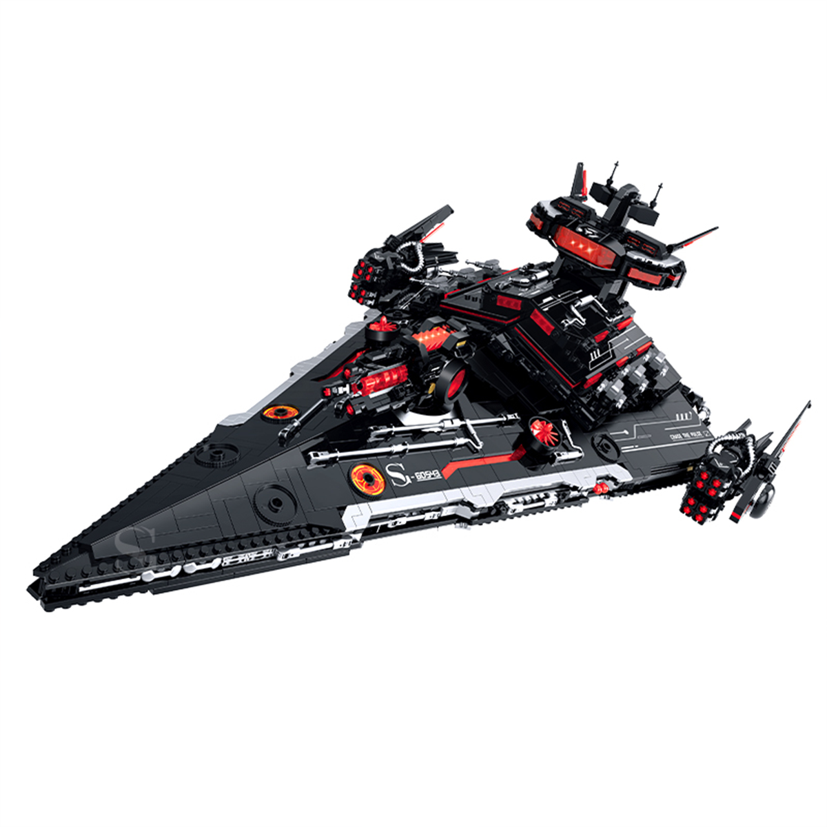 `BR60543 dark interstellar warship kit, 2,679 pcs, layered hull, rotating turrets and thruster detail. Static adult collectible; optional light upgrade.