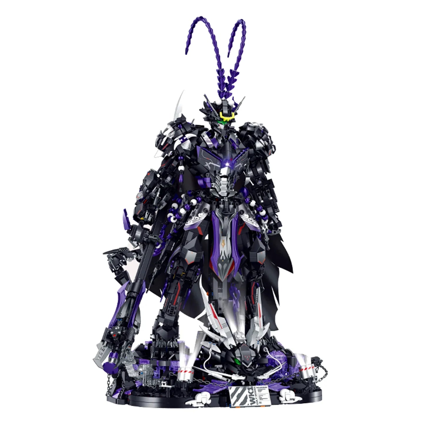 A 3,571-piece dark Monkey King mecha with layered armour, black cape, 13 joints, a light-up golden cudgel and a lit dragon display base. 