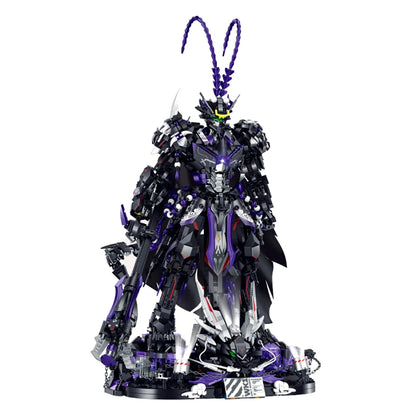 A 3,571-piece dark Monkey King mecha with layered armour, black cape, 13 joints, a light-up golden cudgel and a lit dragon display base. 