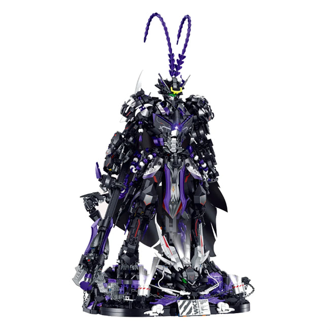 A 3,571-piece dark Monkey King mecha with layered armour, black cape, 13 joints, a light-up golden cudgel and a lit dragon display base. 